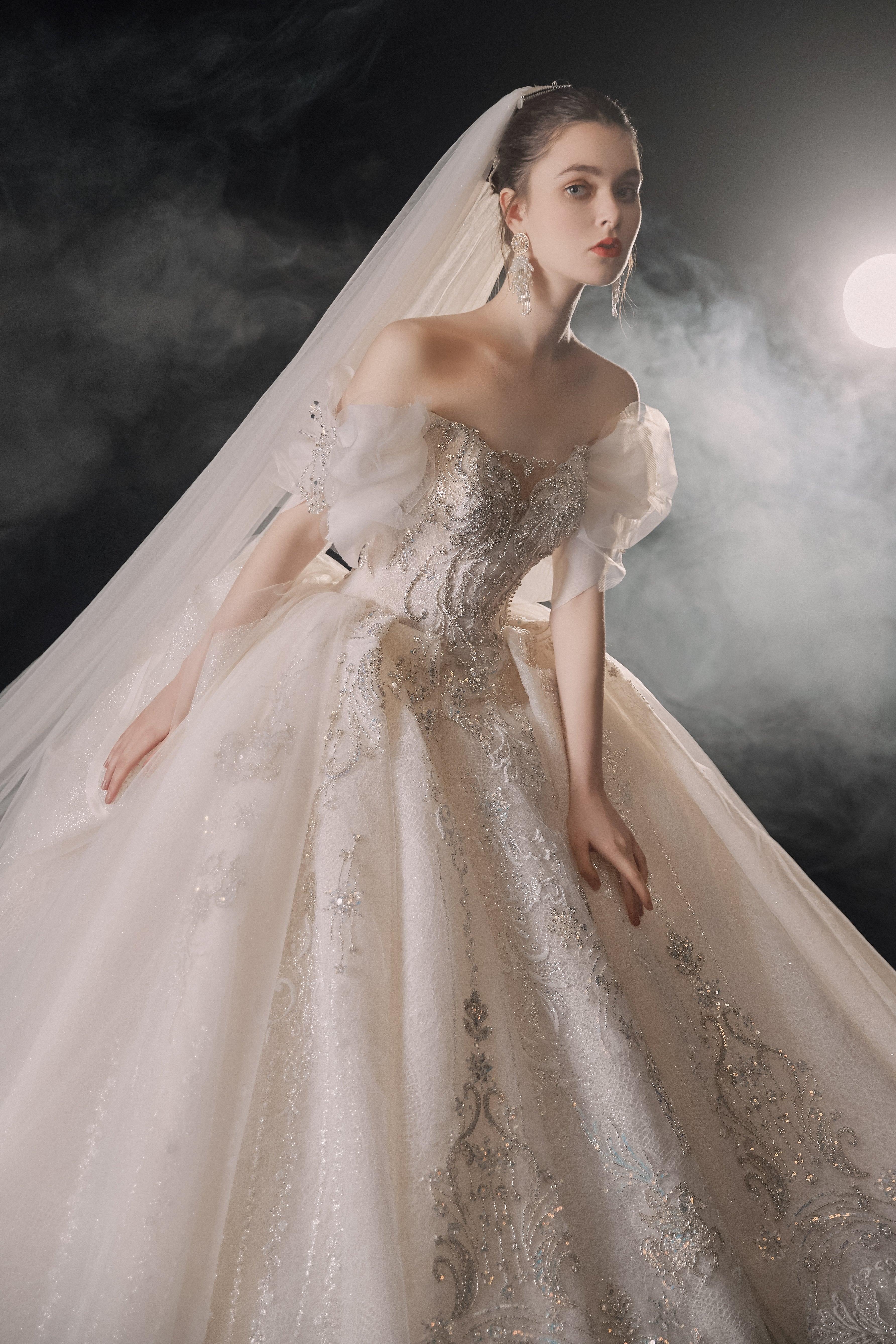 Elegant Off-the-Shoulder Ball Gown Sweetheart Neckline Tulle Puff Sleeve Beaded Lace Wedding Dress with Scalloped Train E-306 (ZD16885)