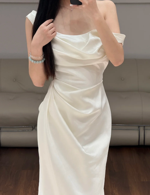 Simple Elegant White Wedding Dress Satin Evening Dress - View 2 | VelvetHem