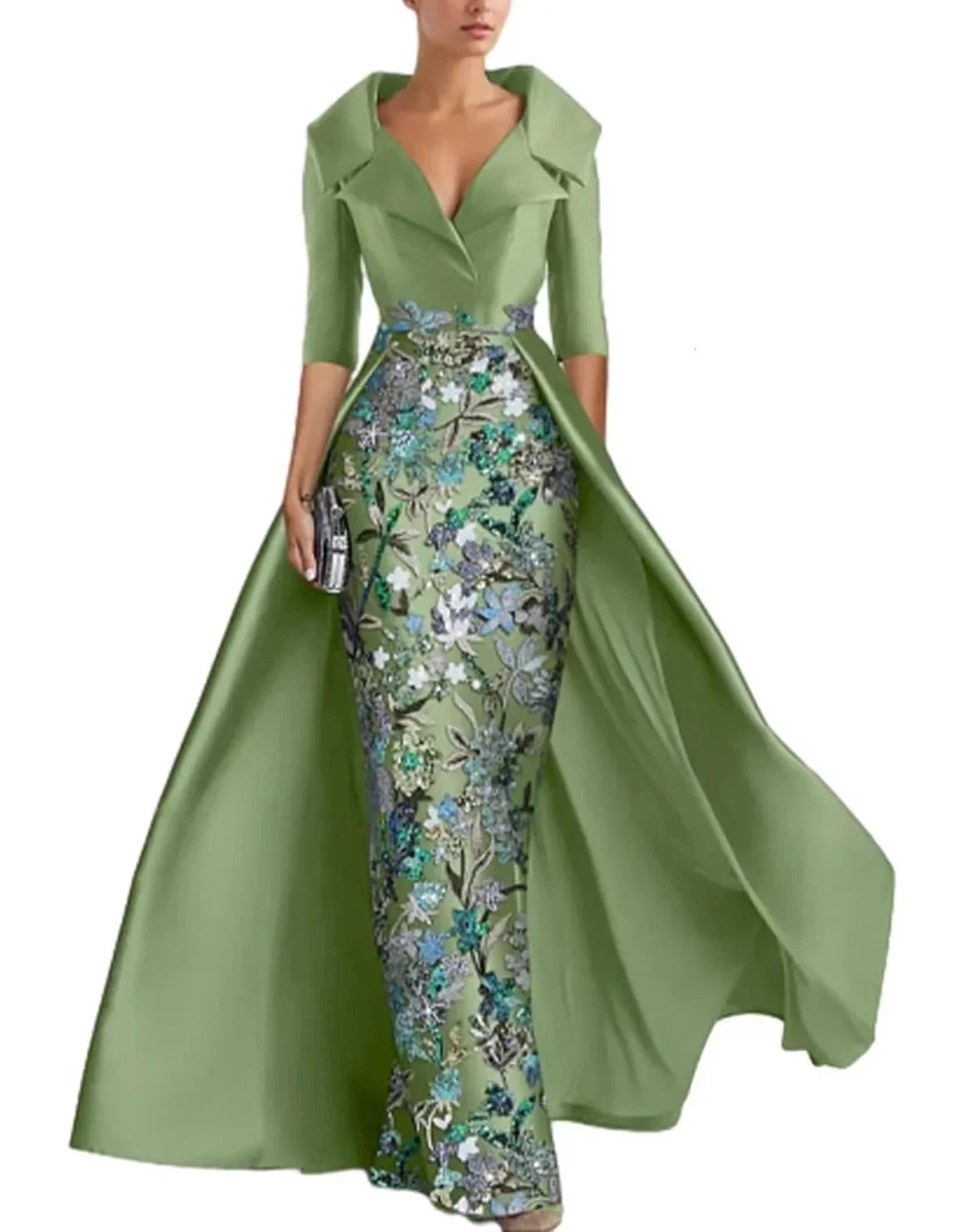 Olive green satin shawl fishtail dress (ZD16762)
