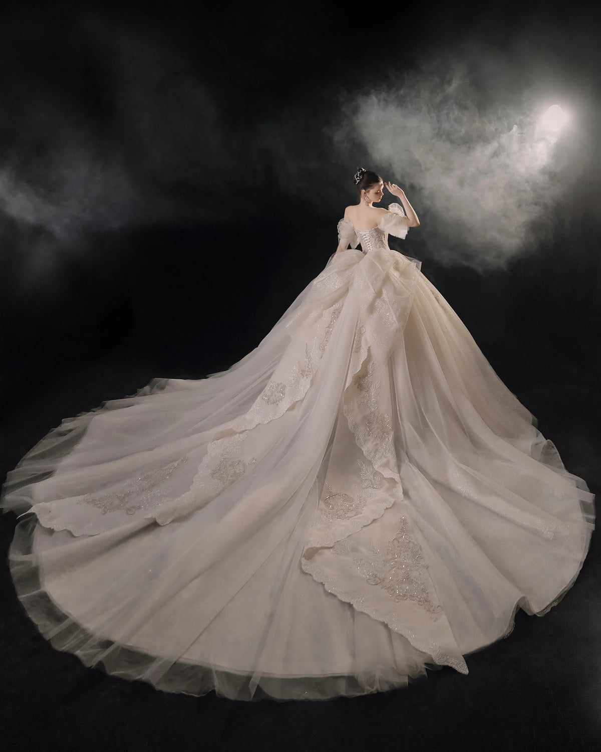 Elegant Off-the-Shoulder Ball Gown Sweetheart Neckline Tulle Puff Sleeve Beaded Lace Wedding Dress with Scalloped Train E-306 (ZD16885)