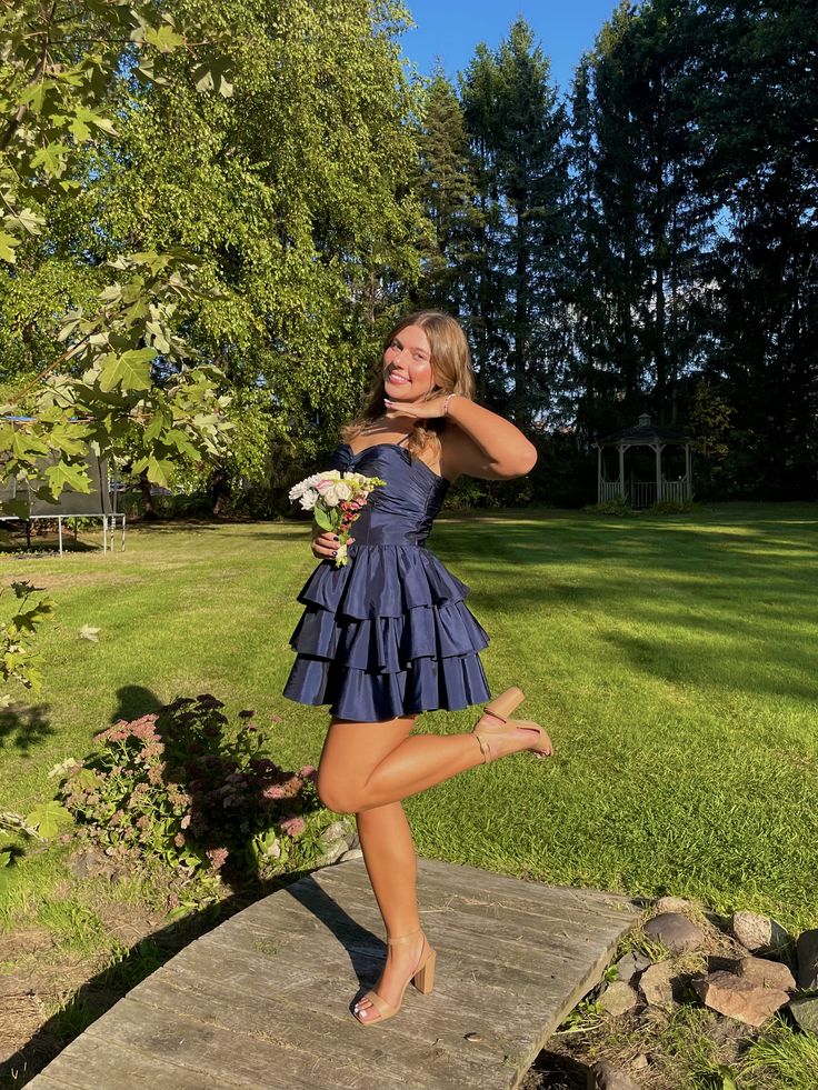 Spaghetti Straps A Line Layered Navy Blue Ruffled Homecoming Dress J11271