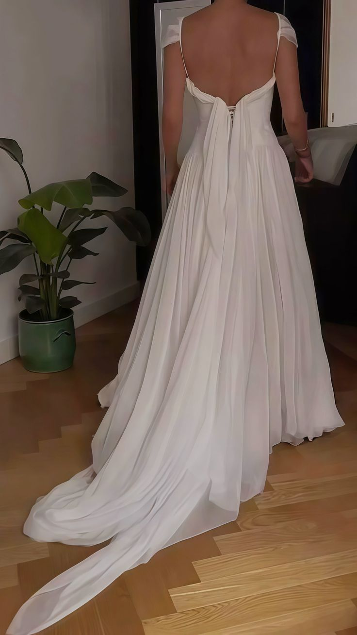 White Pleated Wedding Dress Evening Party Dress Chiffon Bridal Gown
