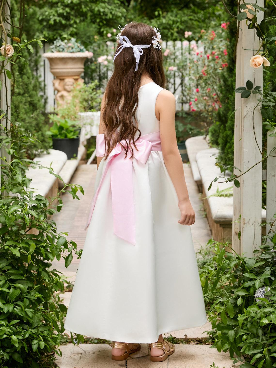 Ivory Satin Flower Girl Ball Gown with Sash Bow | Ankle-Length Tulle Dress (010007314) - View 5 | VelvetHem