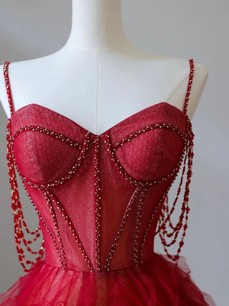 Charming Burgundy Sweetheart Neck Tulle Beads Long Prom Dress A-Line Party Evening Gown - View 3 | FashionDia