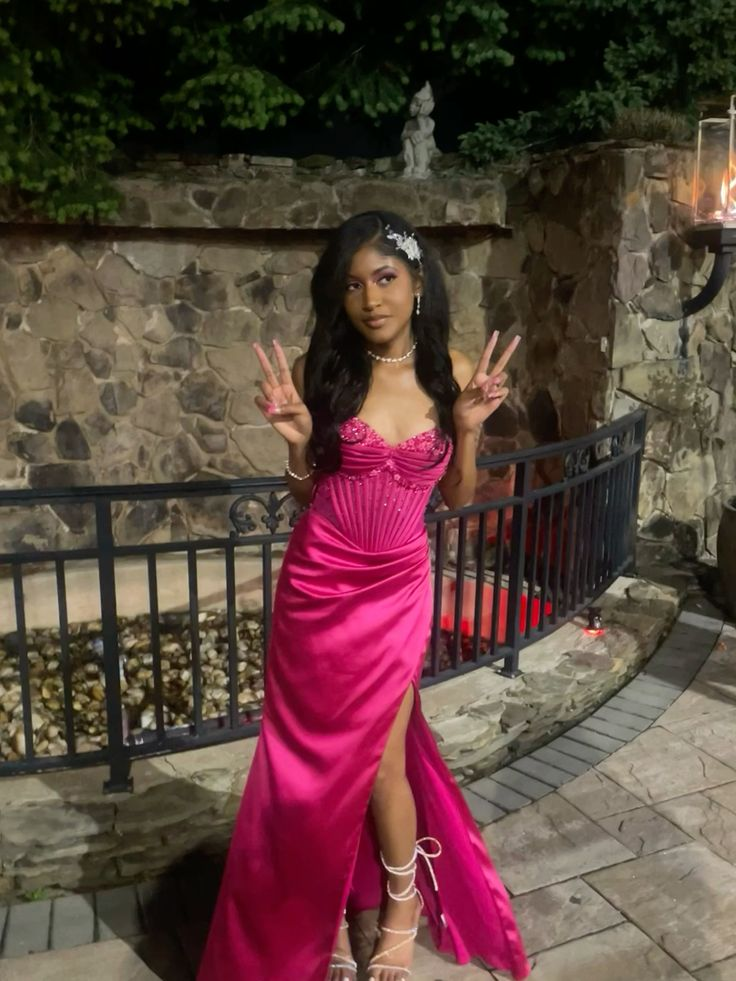 Cute Hot Pink Mermaid Slit Prom Dress Pleated Party Evening Dress - View 2 | FashionDia