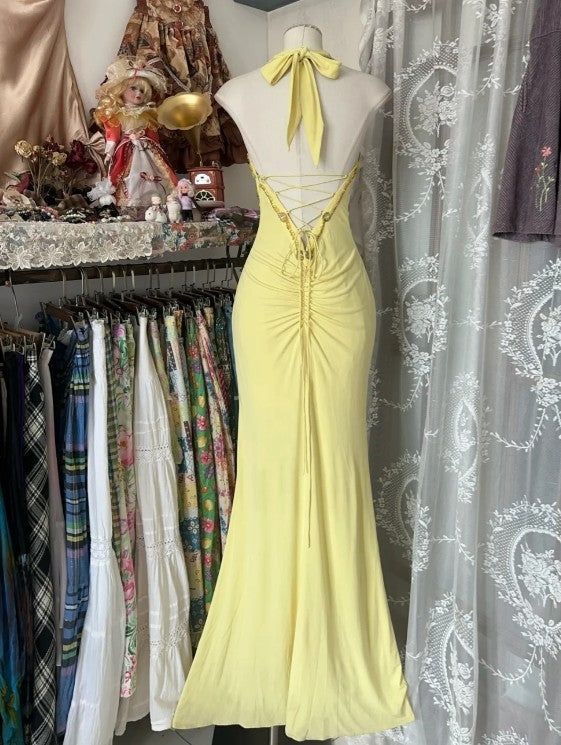 Elegant Yellow Halter Satin Beaded Sequins Evening Dress,Long Mermaid Party Prom Dress - View 5 | FashionDia