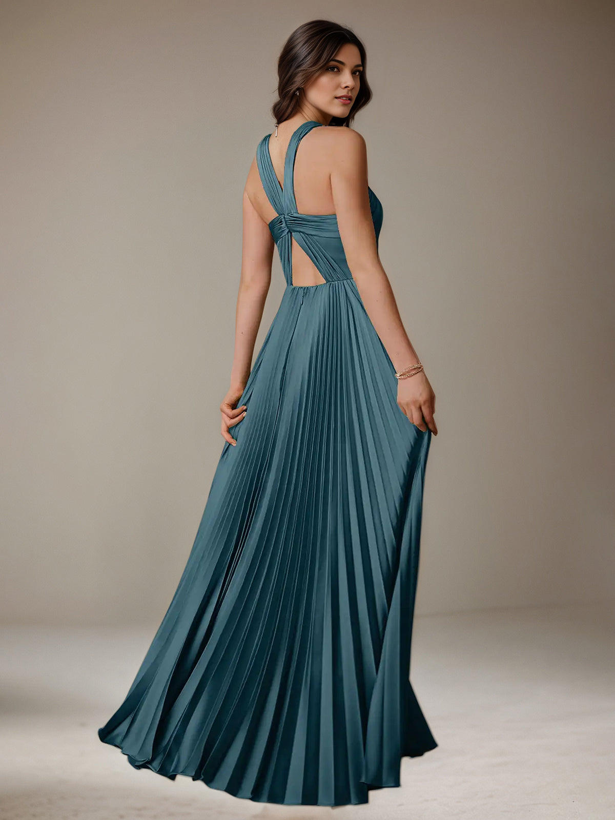 French Blue A Line Halter Sleeveless Floor-Length Satin Bridesmaid Dress