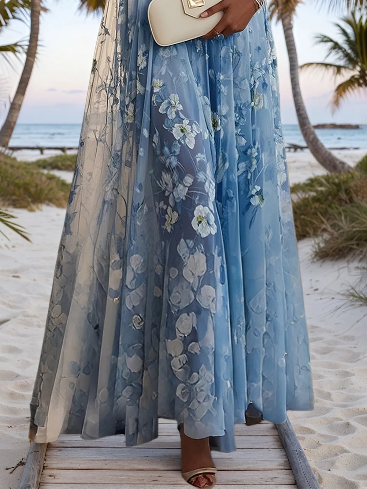 Light Blue Chiffon V-Neck Sleeveless A-Line Maxi Dress - View 3 | FashionDia