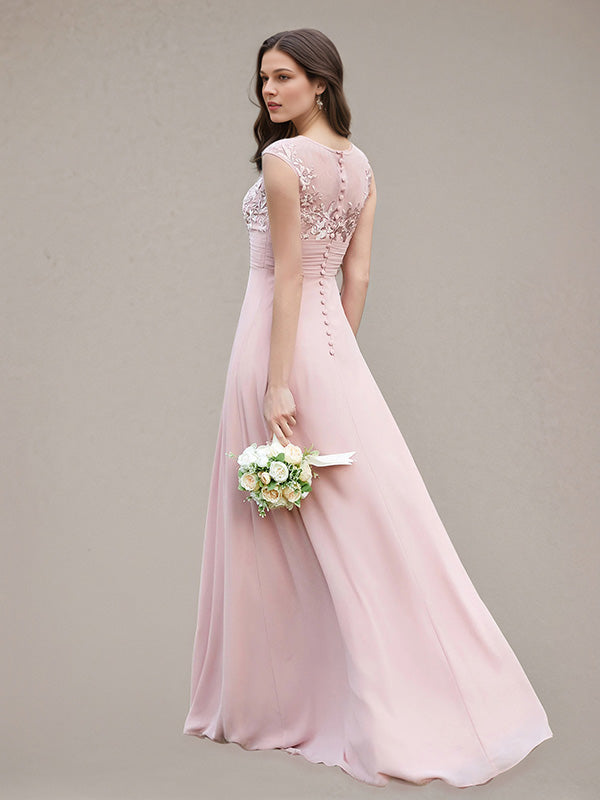 Petal A-Line Chiffon Scoop Neck Sleeveless Floor-Length Bridesmaid Dresses With Appliques - View 2 | FashionDia