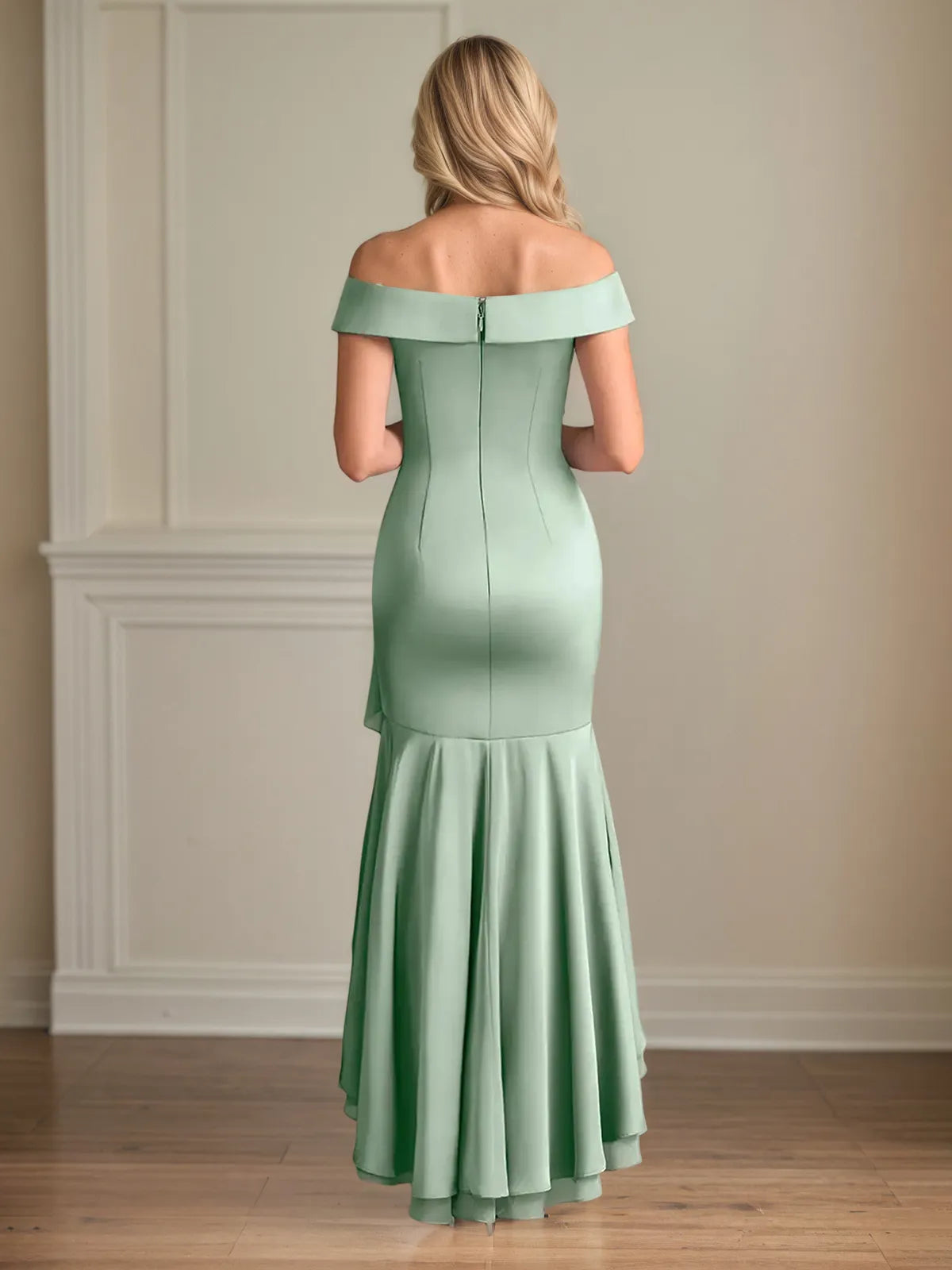 Sheath/Column Satin Off The Shoulder Sleeveless Asymmetrical Dress