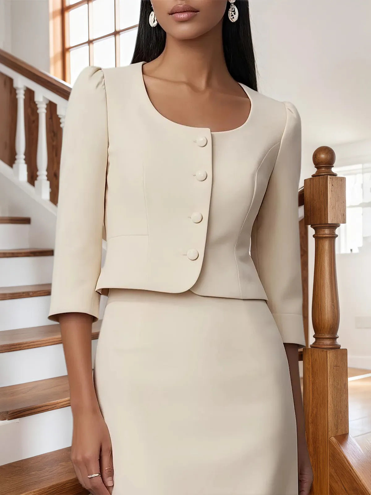 Women Beige Buckle U-Neck Half Sleeve Dressy Coat With Skirt Two-Piece Set - View 3 | FashionDia