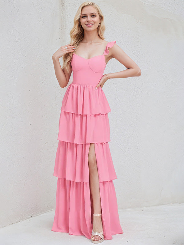 Pink Chiffon A-Line V-Neck Sleeveless Ruched Floor-Length Bridesmaid Dress - View 4 | FashionDia