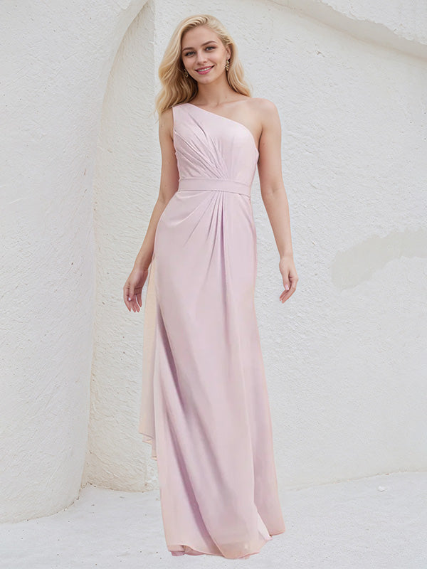 Pink Chiffon A Line One Shoulder Sleeveless Floor Length Bridesmaid Dress