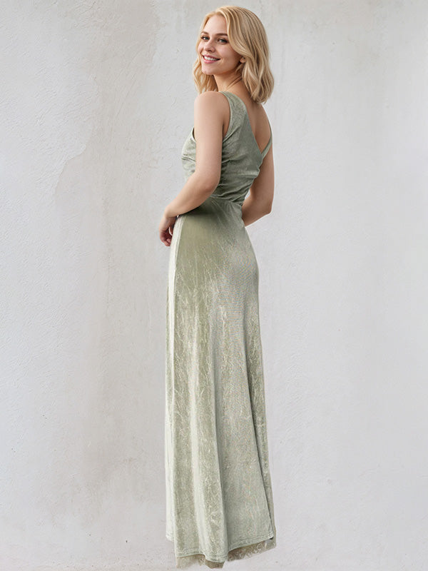 Sage Sheath/Column Velvet One Shoulder Sleeveless Floor Length Dress With High Slit