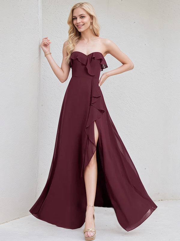 Cabernet Chiffon A Line Sweetheart Sleeveless Floor Length Bridesmaid Dress