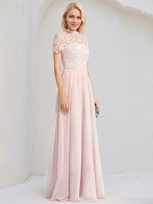 Blushing Pink A-Line High Neck Floor-Length Lace Chiffon Bridesmaid Dresses
