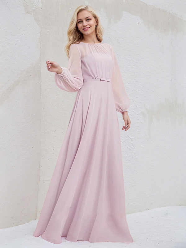 Candy Pink A Line Round Neck Long Sleeves Floor Length Chiffon Bridesmaid Dress