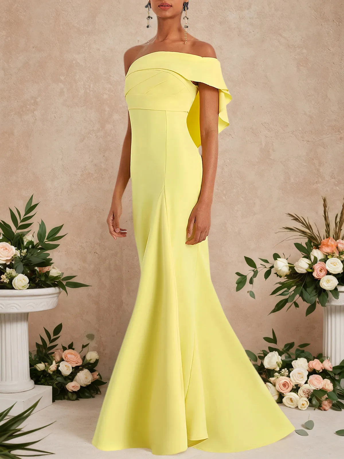 Yellow Ruched One-Shoulder A-Line Gown - View 3 | FashionDia