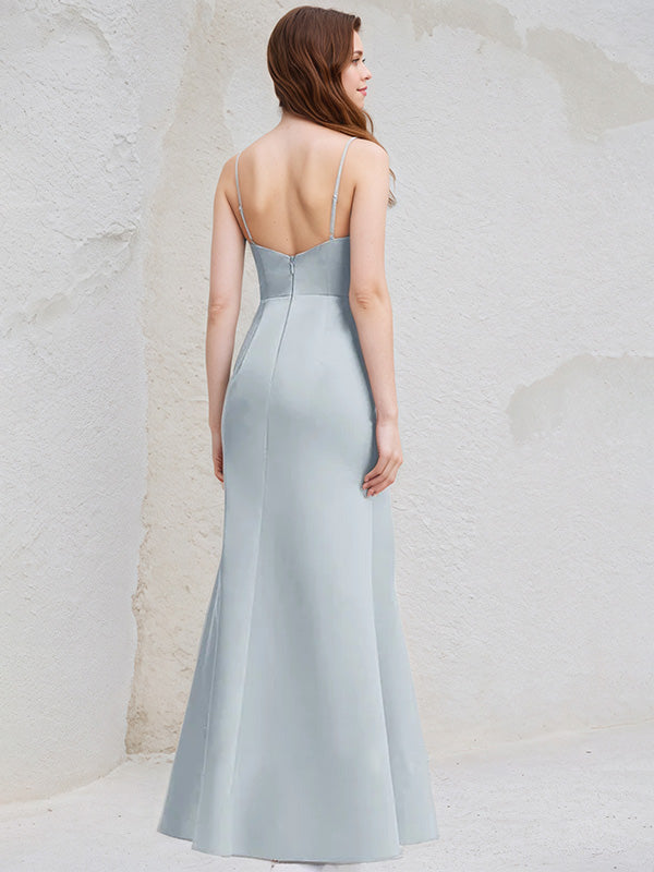 Ice Blue Satin A Line Spaghetti Straps Sleeveless Floor Length Bridesmaid Dress
