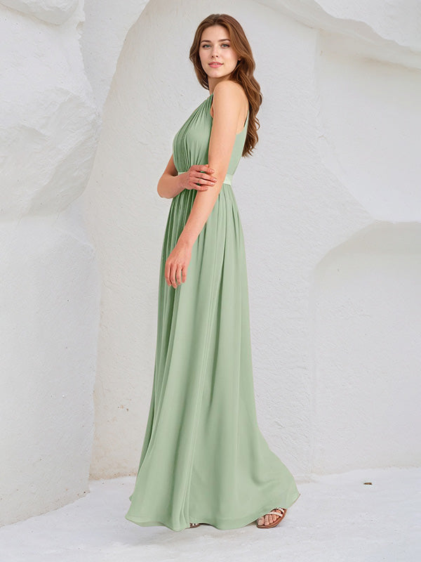 Sage Chiffon A Line Halter Neck Sleeveless Floor Length Bridesmaid Dress
