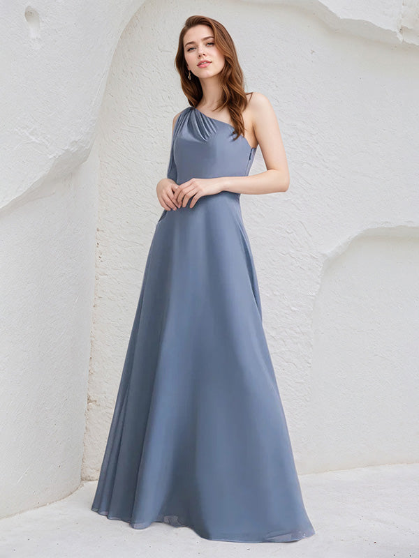 Navy Blue A-Line One Shoulder Floor-Length Chiffon Bridesmaid Dress With Bow
