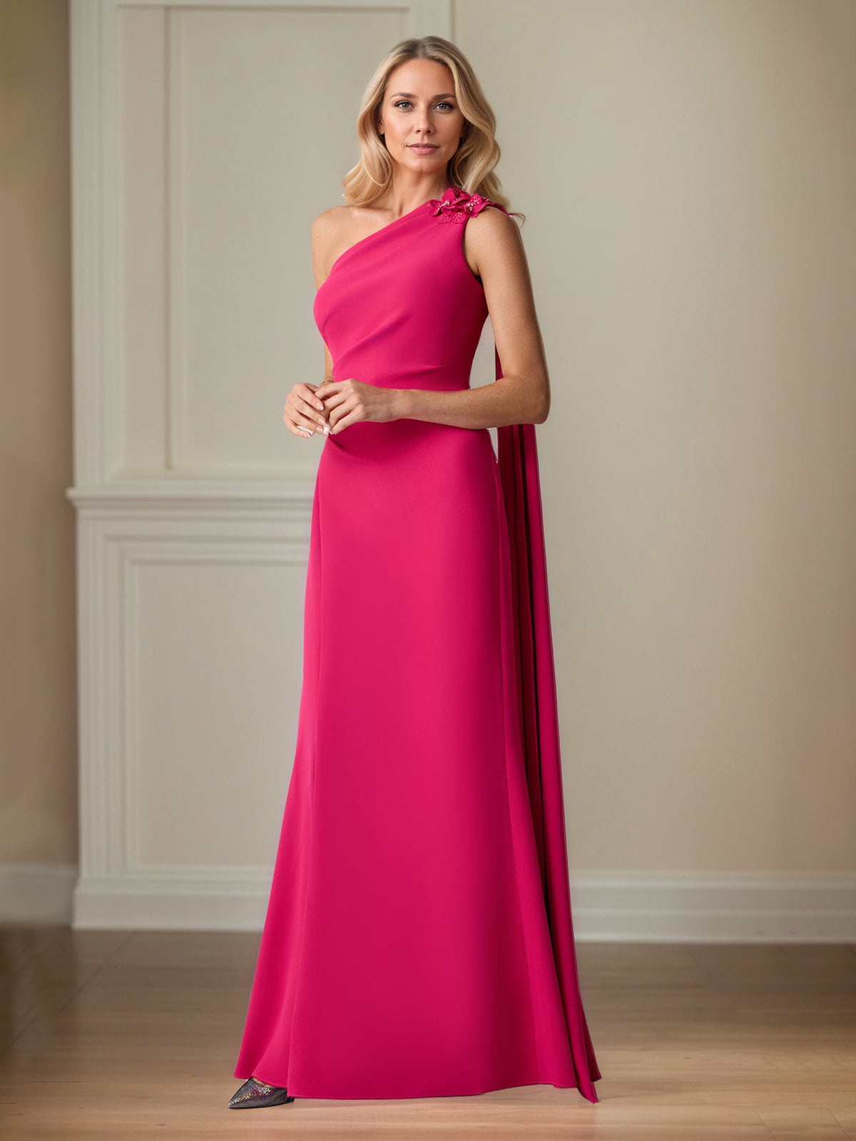 Lipstick Stretch Crepe Sheath/Column One-Shoulder Floor-Length Mother of the Bride Dresses - View 3 | FashionDia