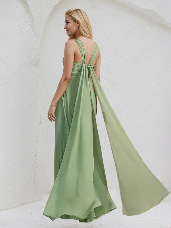 Basil A-Line V-Neck Floor-Length Chiffon Bridesmaid Dress With Ruffle