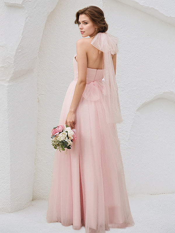 Pink Tulle A Line Halter Neck Sleeveless Floor Length Bridesmaid Dress
