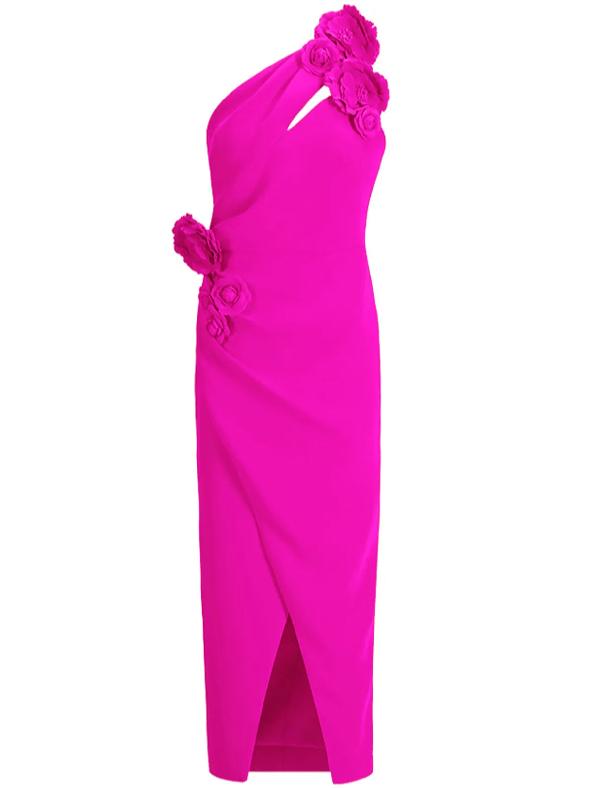 Rose Red 3D Floral One-Shoulder Sheath Midi Dress - View 3 | FashionDia