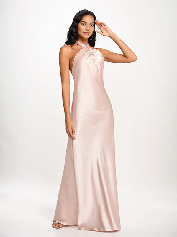 Pearl Pink Sheath/Column Halter Floor-Length Sleeveless Satin Bridesmaid Dress - View 3 | FashionDia