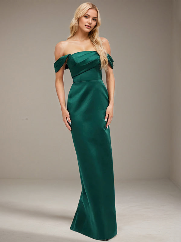 Emerald Sheath/Column Off the Shoulder Floor-Length Satin Bridesmaid Dress