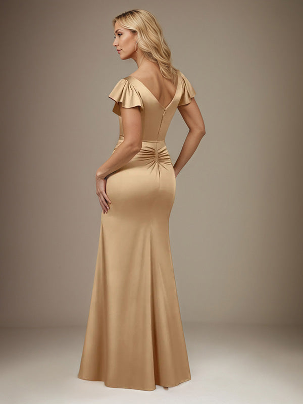 Champagne Trumpet/Mermaid Satin V-Neck Short Sleeves Floor-Length Dress With Slit - View 4 | FashionDia