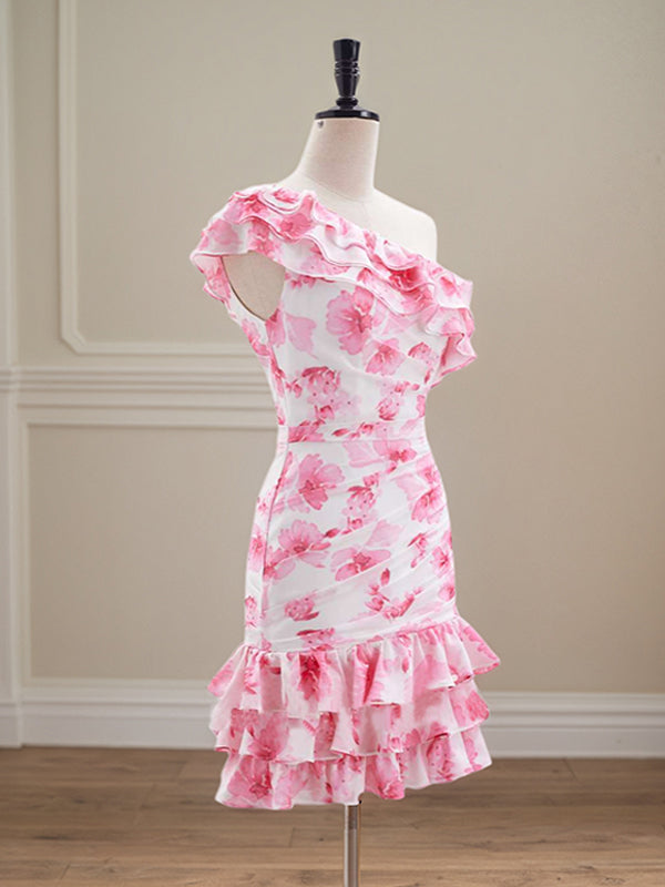Floral Print One Shoulder Short Tight Ruffle Homecoming Dress