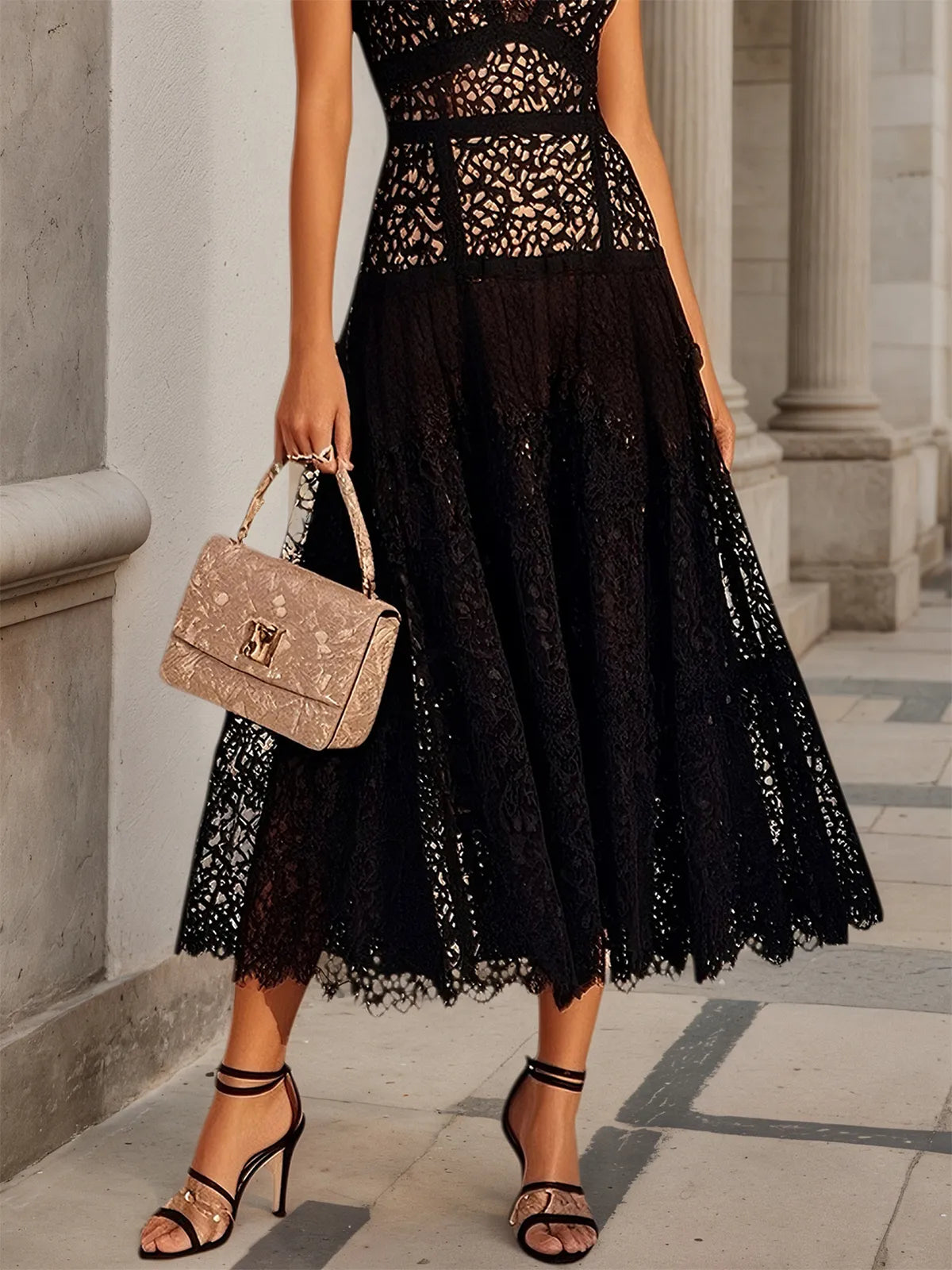 Black Lace V-Neck Sleeveless A-Line Midi Dress - View 3 | FashionDia