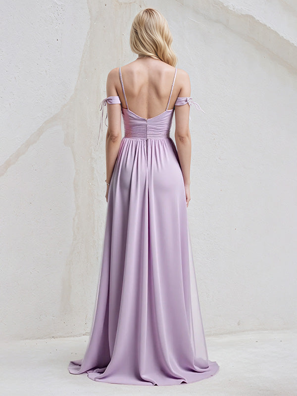 Lilac A Line Chiffon Spaghetti Straps Sleeveless Floor Length Dress With Bow