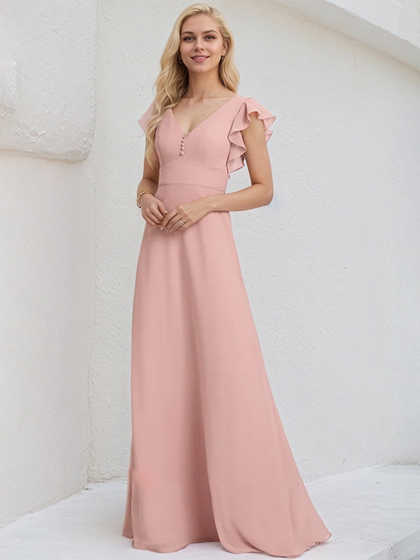 Dusty Rose Chiffon A Line V Neck Floor Length Bridesmaid Dress With Ruffles