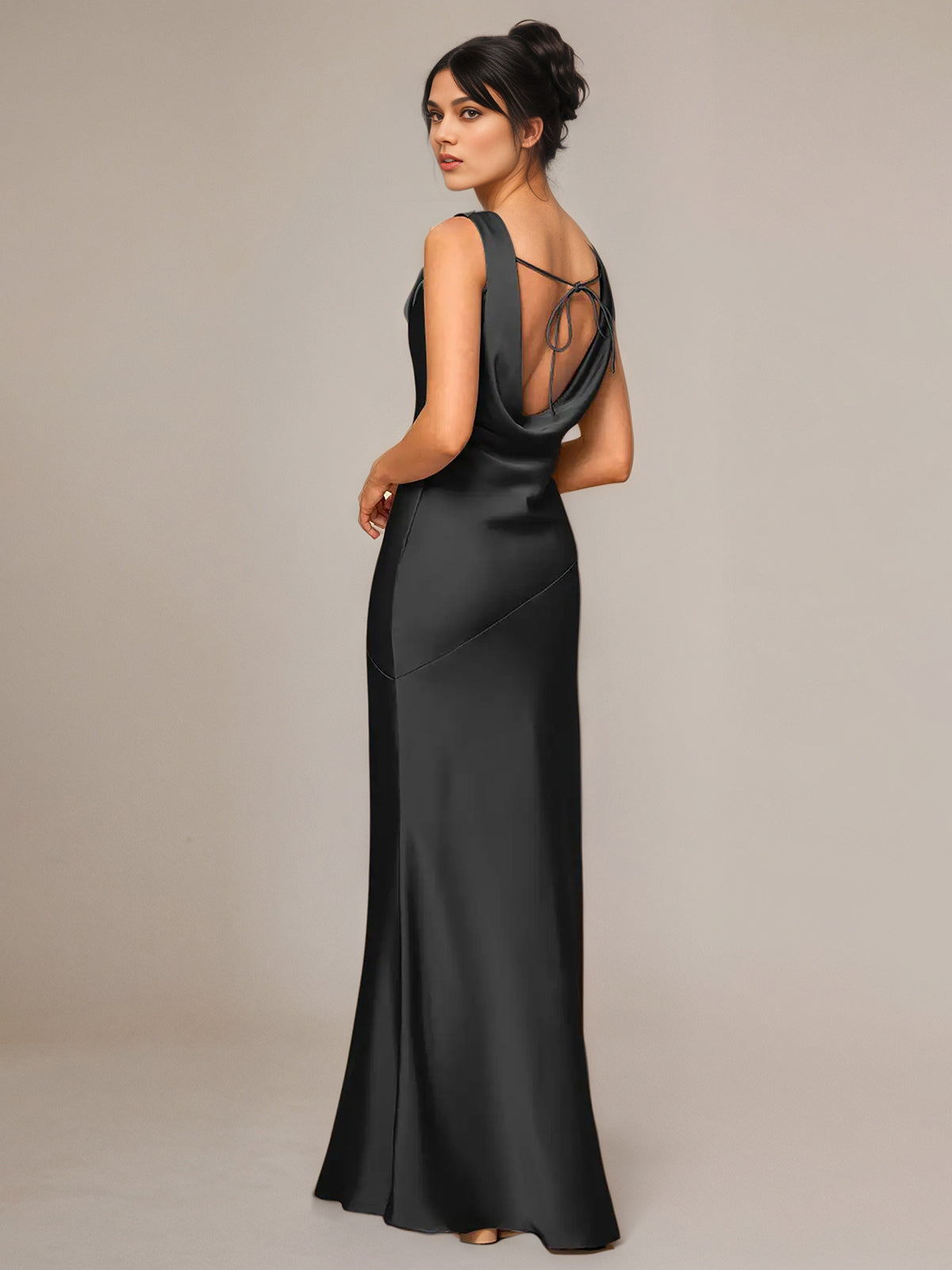 Black Satin Sheath/Column Cowl Neckline Sleeveless Floor-Length Bridesmaid Dress - View 4 | FashionDia