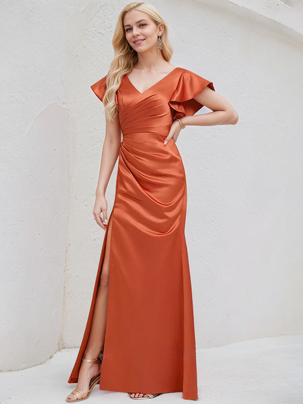 Vermilion Satin A-Line V-Neck Short Sleeves Floor-Length Bridesmaid Dress With Ruffle - View 4 | FashionDia