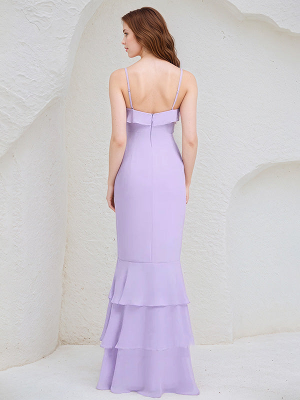 Lilac Chiffon Spaghetti Straps Sleeveless Floor-Length Bridesmaid Dress With Cascading Ruffles - View 2 | FashionDia