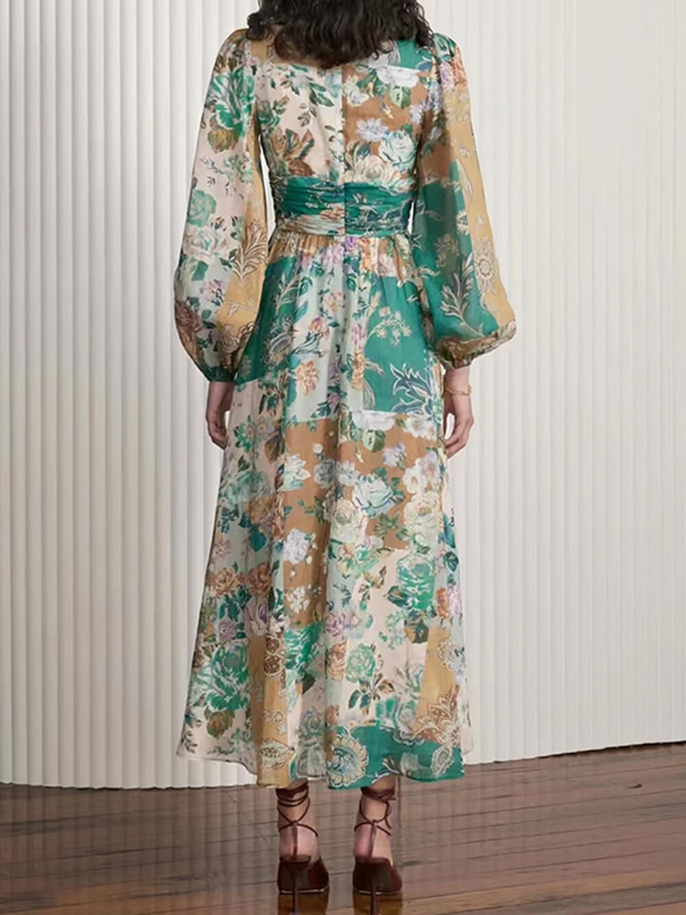 Hand Painted Printed V Neck Waist Midi Dress