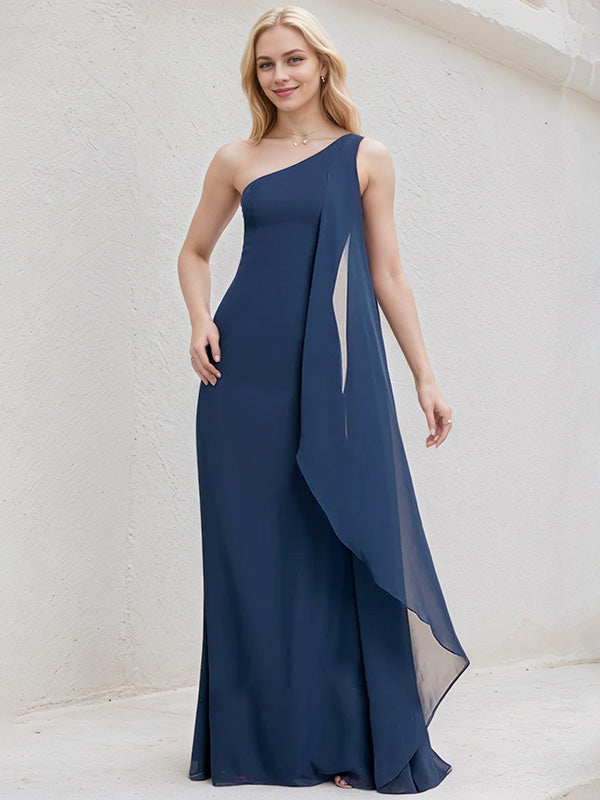 Navy Blue Chiffon A Line One Shoulder Floor Length Bridesmaid Dress