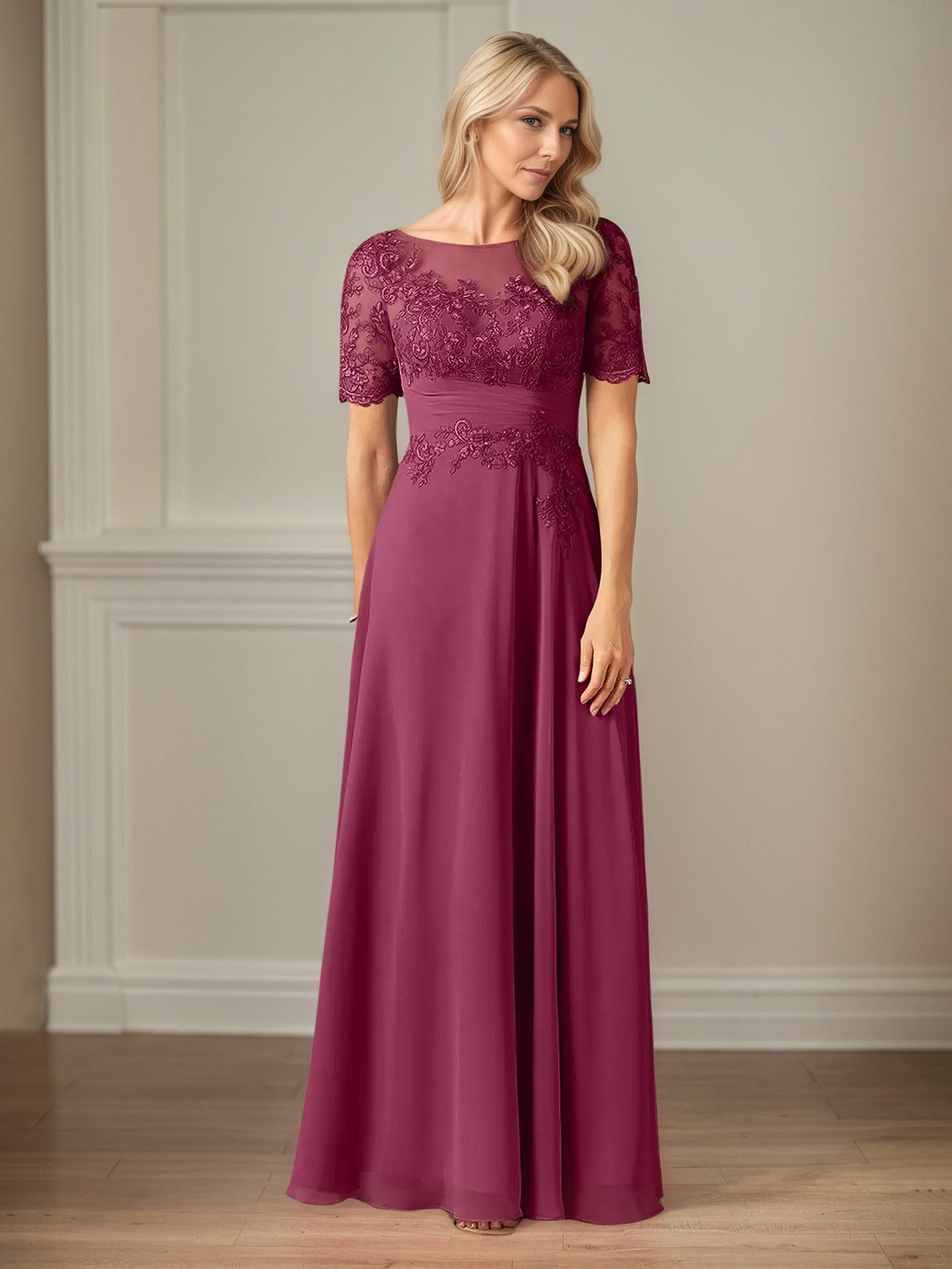 A-Line Chiffon Scoop Neck Short Sleeves Floor-Length Mother of the Bride Dresses With Appliques - View 4 | FashionDia