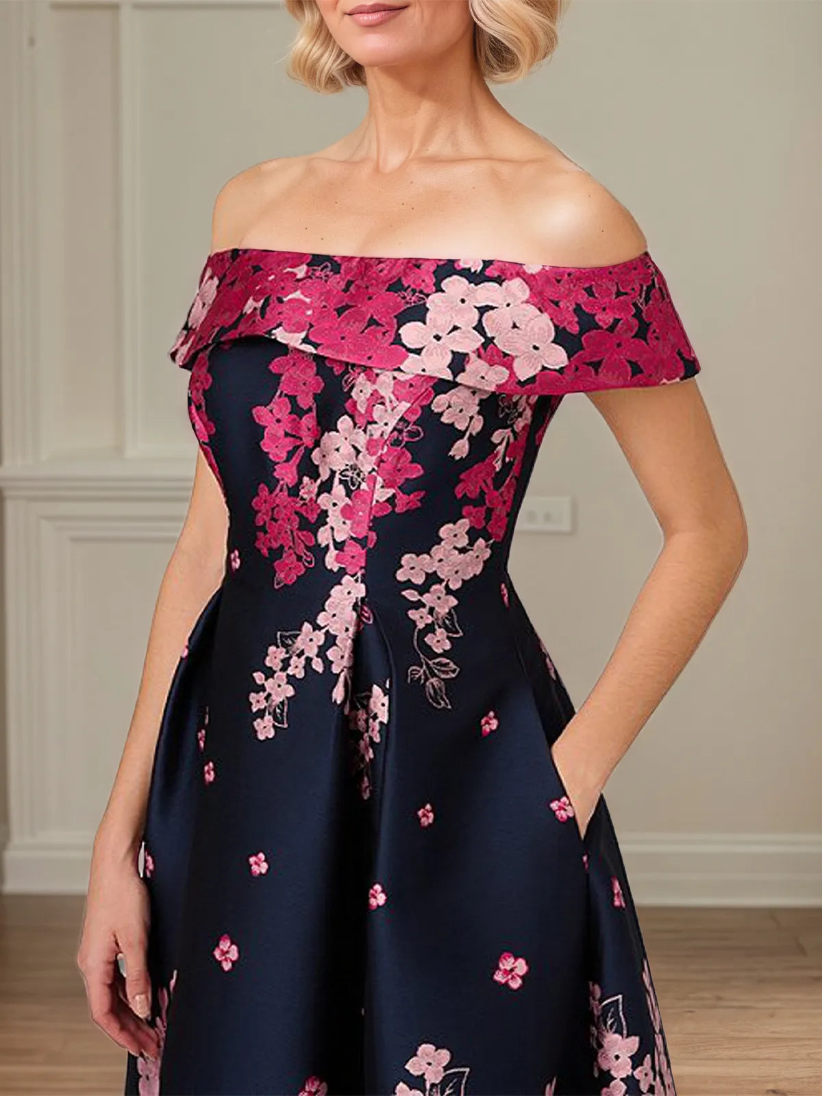 A-Line Off-the-Shoulder Ankle Length Satin Floral Mother of the Bride Dress - View 5 | FashionDia