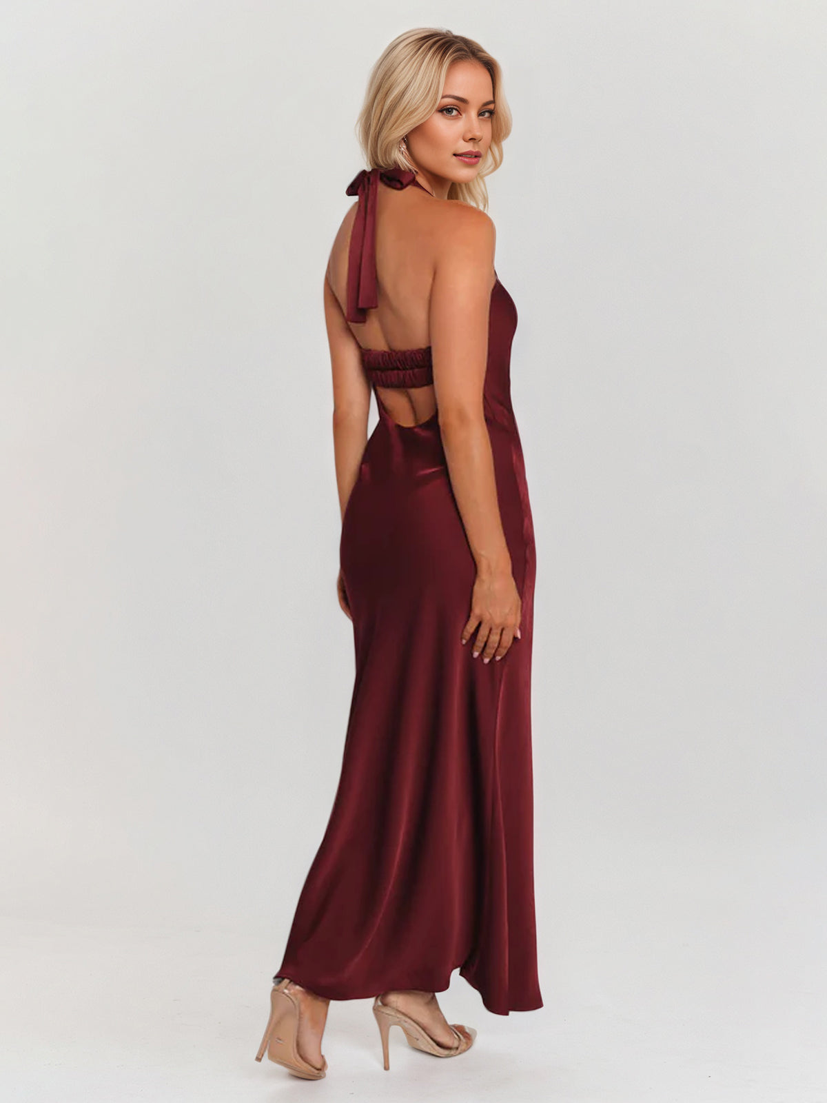 Plum Satin Sheath/Column Halter Neck Sleeveless Ankle Length Bridesmaid Dresses