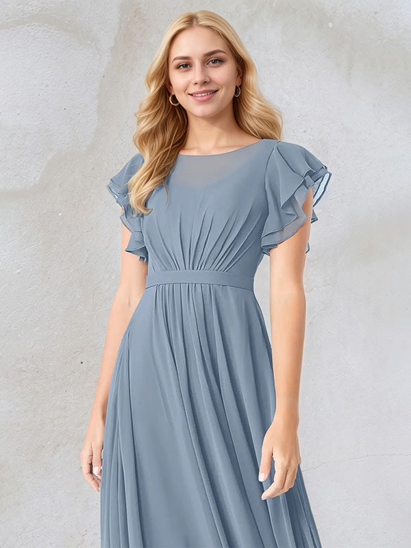 Dusty Blue A-Line Round Neck Floor-Length Chiffon Bridesmaid Dress With Ruffles - View 4 | FashionDia