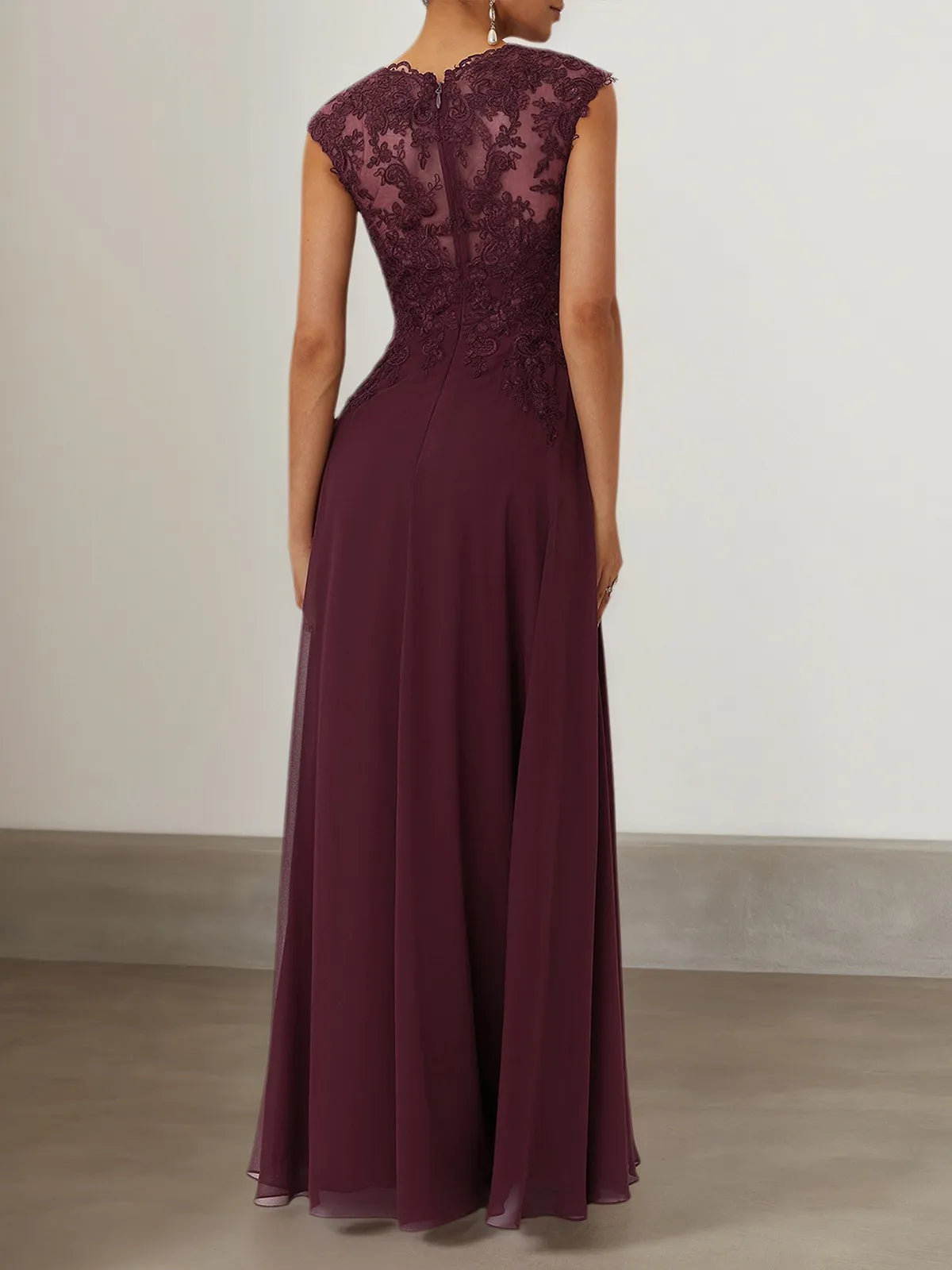 Wine Red Lace Chiffon Crew Neck Cap Sleeve A-Line Maxi Dress - View 2 | FashionDia