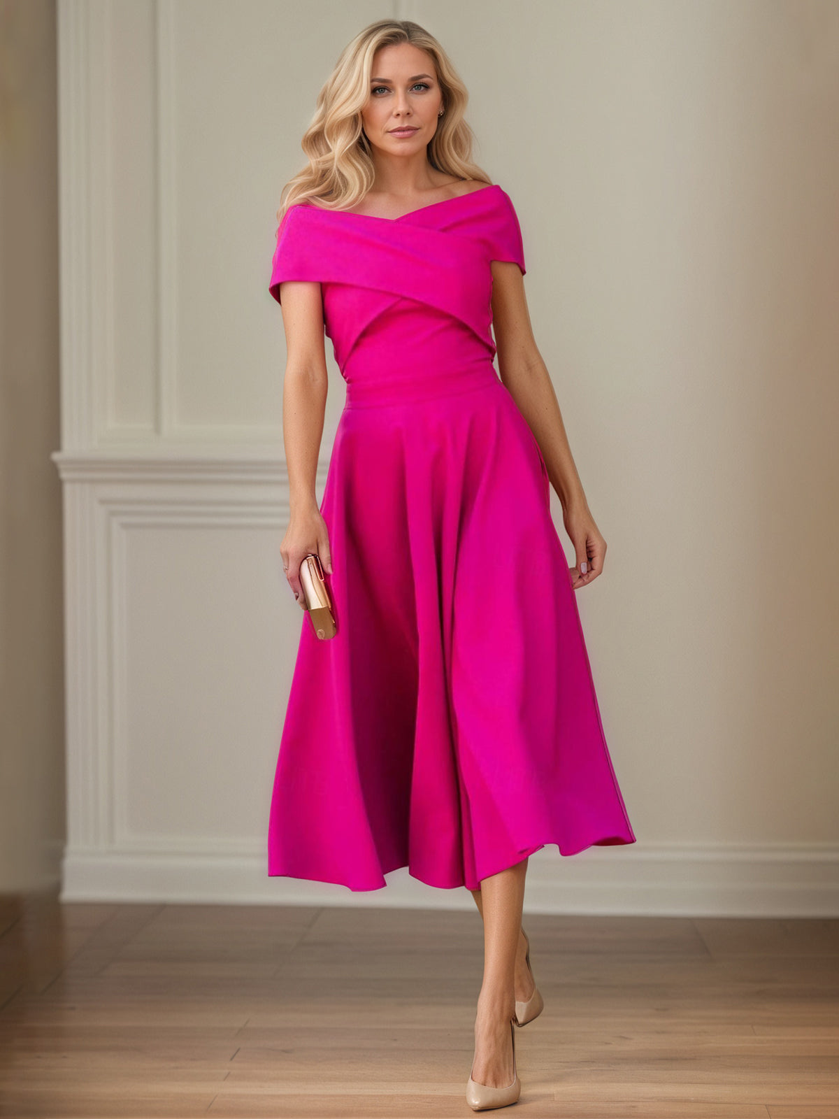 Fuchsia Stretch Crepe A-Line Off-the-Shoulder Short Sleeves Tea-Length Mother of the Bride Dresses - View 4 | FashionDia