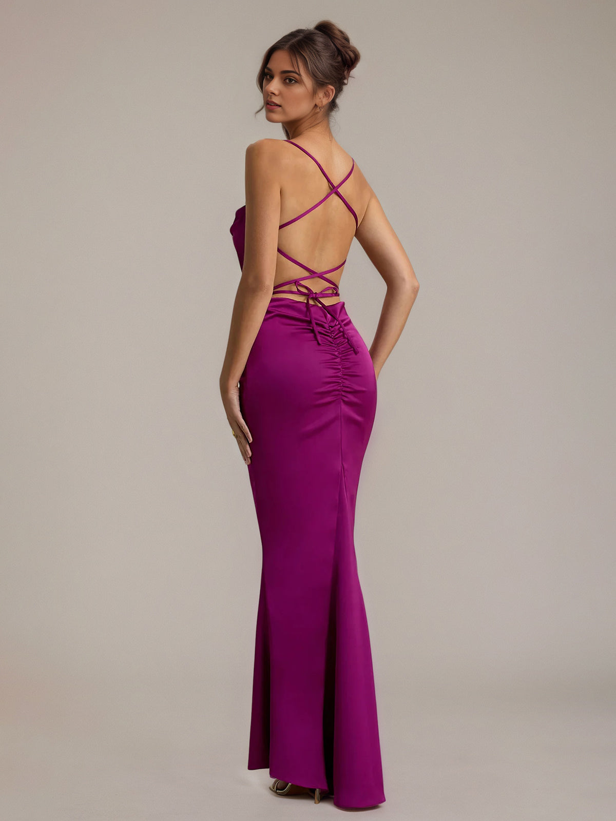 Dark Pink Satin Sheath/Column Spaghetti Straps Sleeveless Floor-Length Dress - View 2 | FashionDia