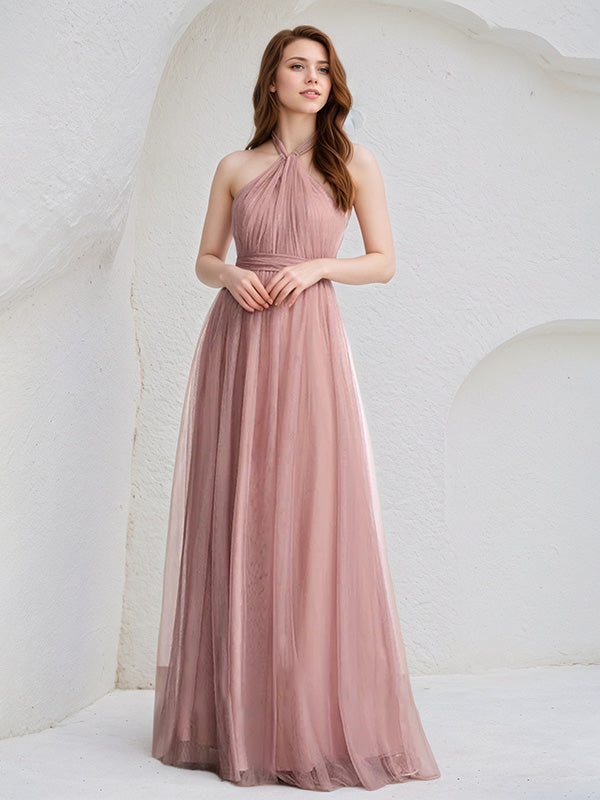 Dusty Rose A-Line Halter Neck Floor-Length Tulle Bridesmaid Dress