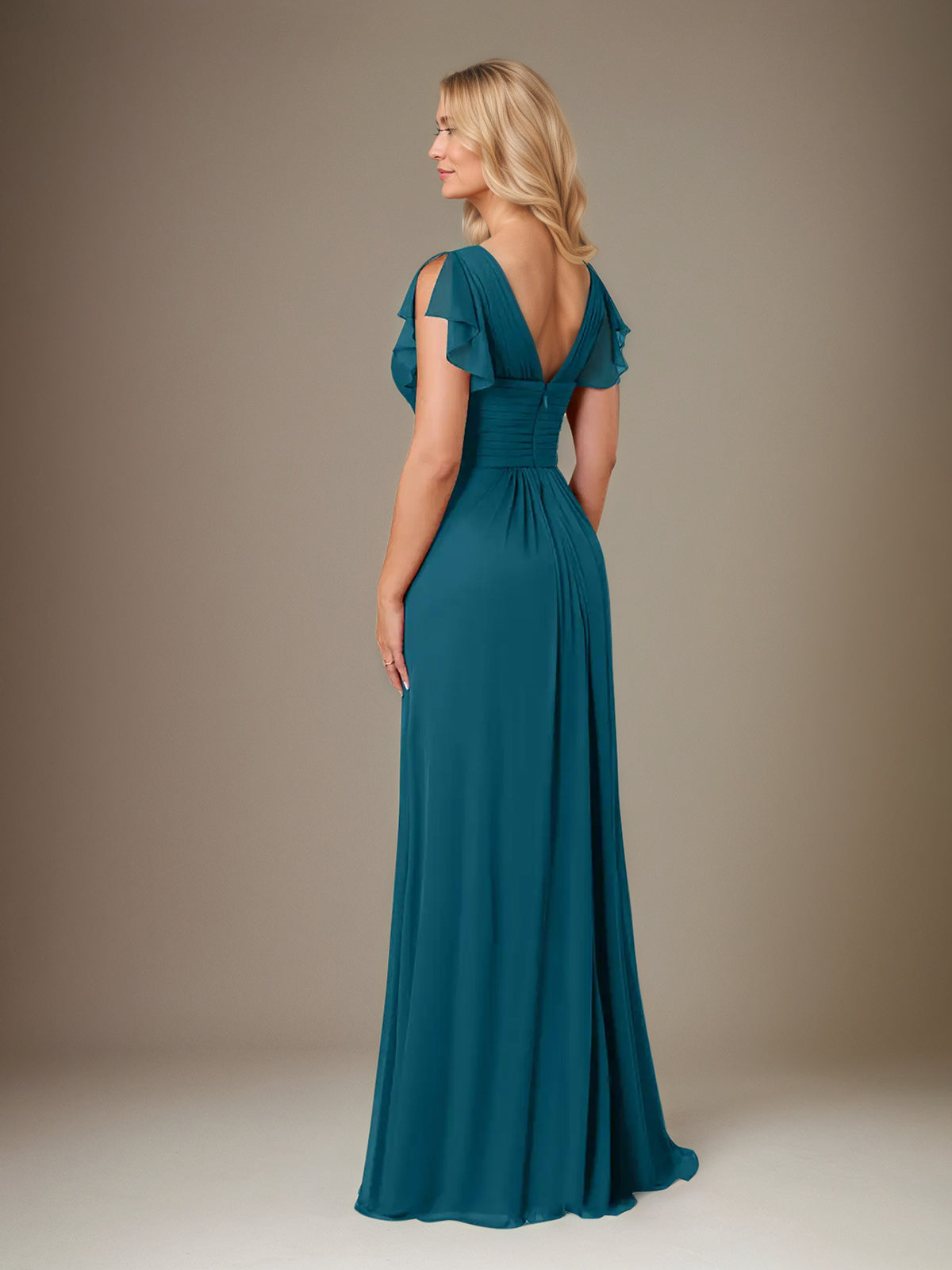 A-Line Chiffon V-Neck Short Sleeves Floor-Length Mother of the Bride Dresses With Ruffles - View 4 | FashionDia